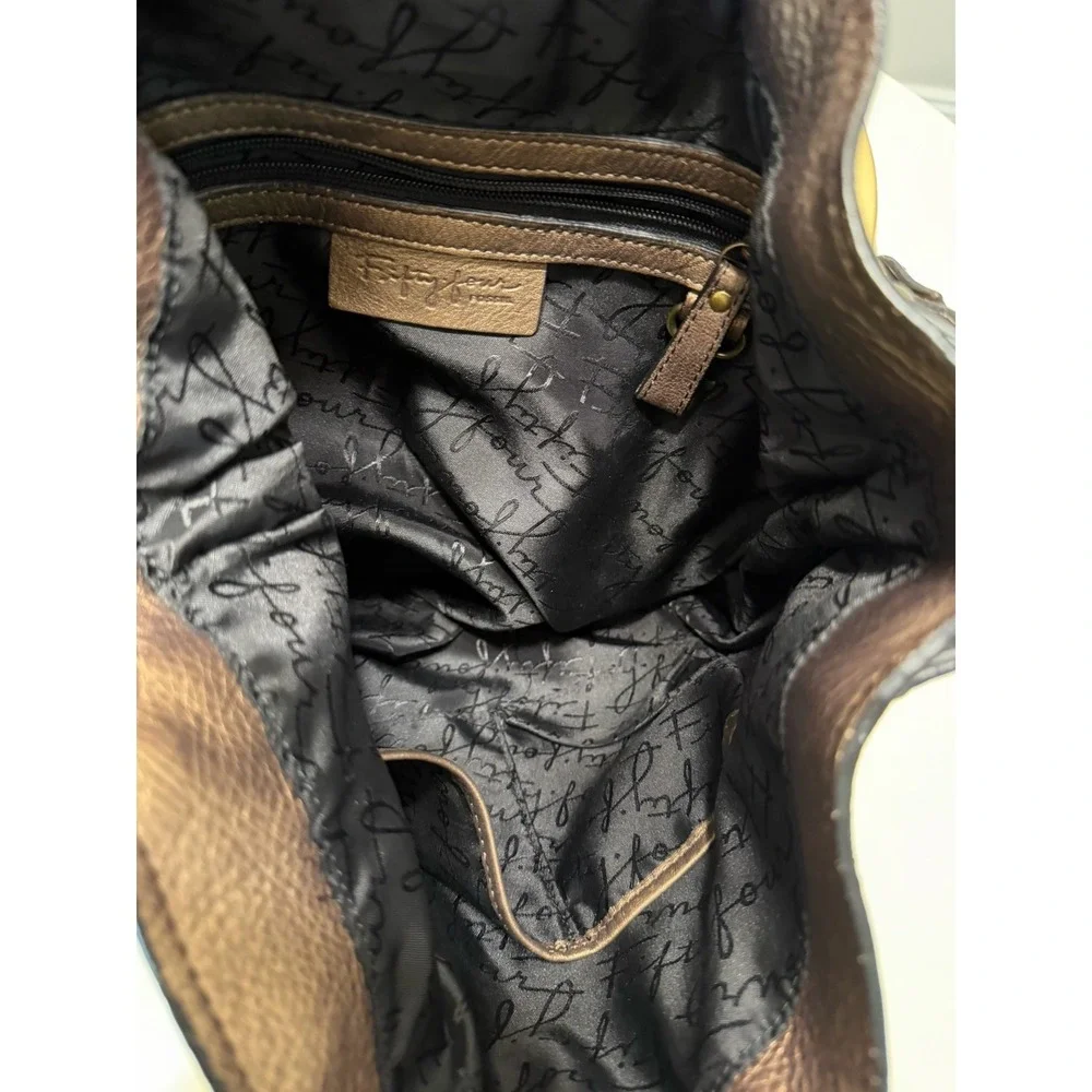 Fossil Handbag Patchwork Bronze Brown Suede Silver‎ Leather Shoulder Handbag